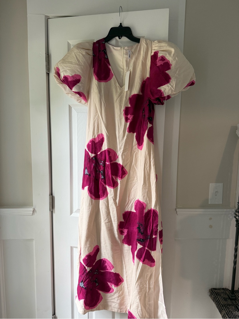 Glam PUFF-SLEEVE A-LINE MAXI DRESS FUCHSIA Large Floral Print Sz Med EC2